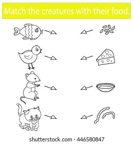 Cognitive game for kids. Educational game. Match the creatures with their food.