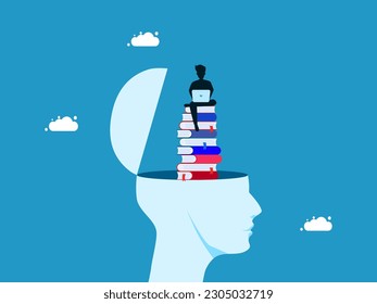 Cognitive intelligence and thinking skills. man with laptop on stack of books growing from head