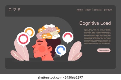 Cognitive Load concept. A visual metaphor of mental burden with overloaded brain graphics. Analyzing mental capacity and the stress of information overload. Flat vector illustration