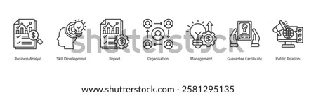 Cognitive Load Management Icon Sheet Public Relation, Organisation, Business Analyst, Skill Development, Report, Management, Guarantee Certificate