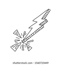 Cognitive poster lightning, strike spark art. Powerful natural phenomenon, thunderstorm fragments flying, Drawing close-up style with black pencil uneven edges zigzag view.