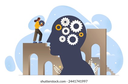 Cognitive process concept. Woman near silhouette of head with coghweels. Logical thinking processes. Awareness and mindfulness. Cartoon flat vector illustration isolated on white background