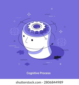 Cognitive process illustration with human head and gear. Conceptual 3d isometric vector graphic for mental development, creative thinking, machine learning, and human artificial intelligence.