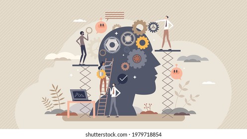 Cognitive process and psychological mind learning process tiny person concept. Inner head thoughts research and mental rehabilitation help from professional psychotherapy team vector illustration.
