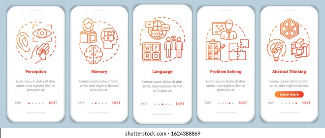 Cognitive processes onboarding mobile app page screen with concepts. Perception and language. Mental health walkthrough five steps graphic instructions. UI vector template with RGB color illustrations