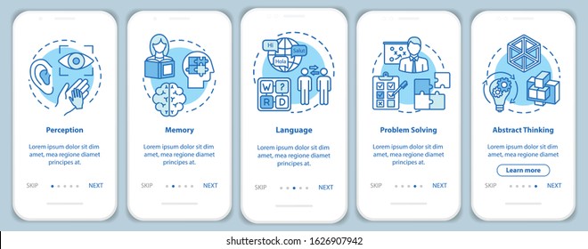 Cognitive processes onboarding mobile app page screen with concepts. Perception and memory. Mental health walkthrough five steps graphic instructions. UI vector template with RGB color illustrations