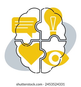 Cognitive Psychology concept - Four puzzle pieces as a brain, in thin line on each piece