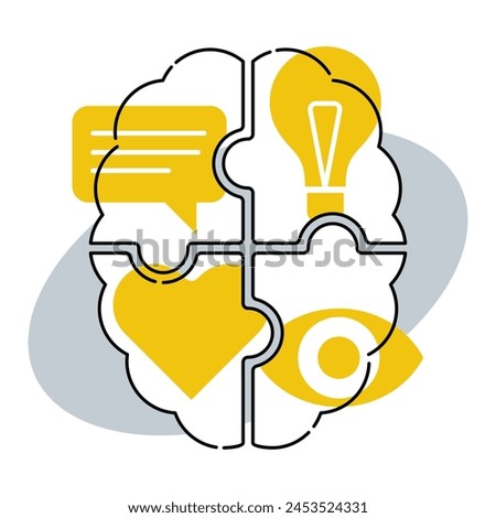 Cognitive Psychology concept - Four puzzle pieces as a brain, in thin line on each piece