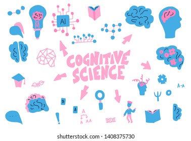 Cognitive science concept. Set of vector elements in doodle style.