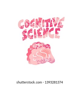 Cognitive science emblem. Brain and stylized lettering.