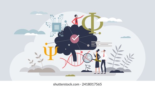 Cognitive science as study about thinking mind process tiny person concept. Linguistics, psychology, neuroscience, artificial intelligence and anthropology knowledge research vector illustration.