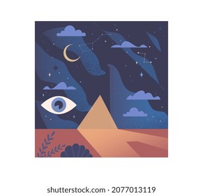 Cognitive search concept. Mysterious inner world with eyes and clouds. Find yourself in subconscious. Personal growth and development. Cartoon flat vector illustration isolated on white background