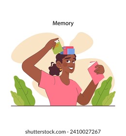 Cognitive skill. Human cognitive function, ability or capacity to process data. Intellect development. Motor and learning skill, memory and attention span. Flat vector illustration