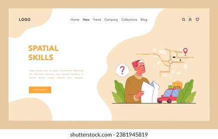 Cognitive Skill Web-Banner oder Landing-Page. Menschliche kognitive Funktion, Fähigkeit oder Fähigkeit zur Datenverarbeitung. Geodäsie verwechselten alten Mann mit einer Karte. Flache Vektorgrafik