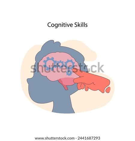 Cognitive Skills concept. Silhouette of a head with gears in the brain area activated by a pointing finger, representing mental processes and brain functions. Flat vector illustration