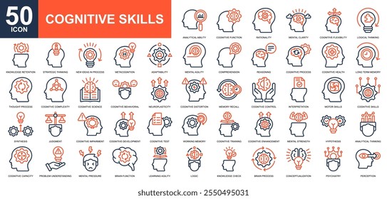 Symbolsammlung für kognitive Fähigkeiten. Intelligentes Denken, emotionale Intelligenz, Mentalität, Verbesserung, Design Thinking, Ikone der psychischen Gesundheit. Einfacher Linienfarbvektor.