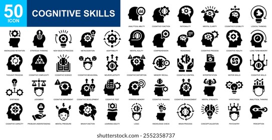 Conjunto de coleta de ícone Habilidades Cognitivas. Pensamento inteligente, inteligência emocional, mentalidade, melhoria, pensamento design, ícone da saúde mental. Vetor de glifo simples.