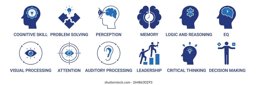 Cognitive Skills icon set with attention, memory, logic and reasoning, auditory processing, visual processing icon vector illustration
