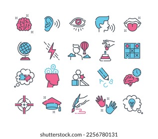 Cognitive skills line icons set. Collection of graphic elements for website. Self development and motivation, brainstorming and insight. Cartoon flat vector illustrations isolated on white background