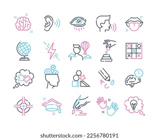 Cognitive skills line icons set. Collection of graphic elements for website. Leadership, mental health, abilities and skills, wisdom. Cartoon flat vector illustrations isolated on white background