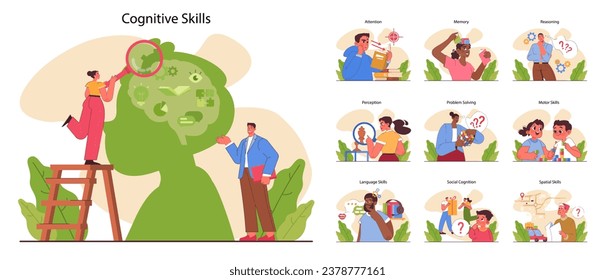 Cognitive skills set. Human cognitive function, ability or capacity to process data. Intellect development. Motor and learning skill, memory and attention span. Flat vector illustration