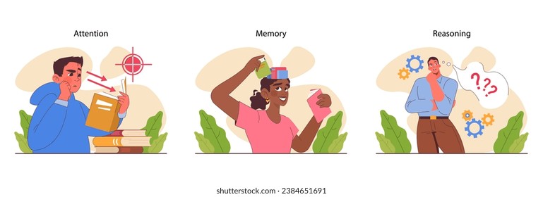 Cognitive skills set. Human cognitive function, ability or capacity to process data. Intellect development. Motor and learning skill, memory and attention span. Flat vector illustration