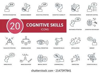 Cognitive Skills set icon. Contains cognitive skills illustrations such as working memory, cognitive flexibility, inhibitory control and more.