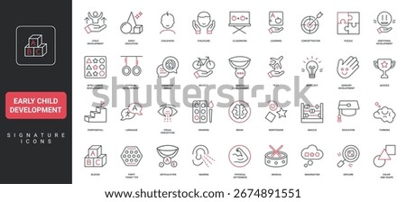 Cognitive therapy, articulation, play and learning thin black and red outline symbols vector illustration. Early child development, preschool education and kindergarten, Montessori line icon set