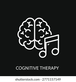 Cognitive therapy icon. Brain and music note symbol. Mental health and music therapy concept. Vector illustration on black background.