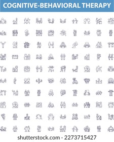 Cognitive-behavioral therapy line icons, signs set. Cognitive Behavioral, Therapy, CBT, Thinking, Thoughts, Feelings, Behaviors, Cognitive, Change outline vector illustrations.