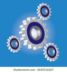 Cogs 3d render design. One larger blue cog, and 3 smaller silver cogs on a blue background.