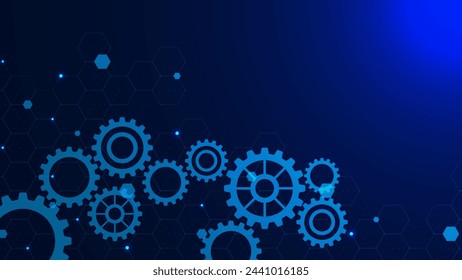 Cogs and gear wheel with hexagons patter. High digital technology and engineering concept on dark blue background. Vector illustration.