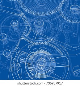 Cogs and Gears of Clock. Vector rendering of 3d. Wire-frame style