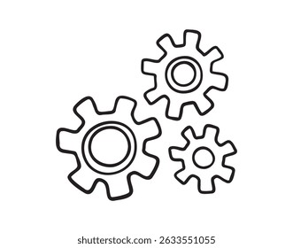cogs and gears doodle hand drawn icon. Outline drawing settings cogs and gears line clipart symbol. Vector illustration