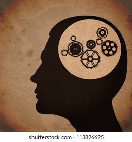 Cogs or gears in human head. Grunge vector illustration