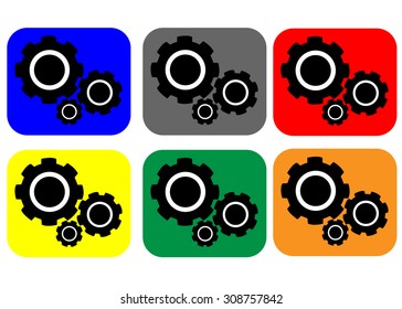 Cogs (gears) icon isolated on(blue,gray,red,yellow,green,orange)