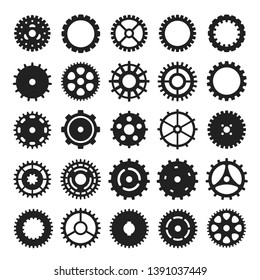 Cogs and gears icon set, mechanism or machinery symbol. Engineering wheel collection, technical elements. Vector gears symbols illustration