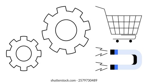 Cogs and gears linked with a shopping cart and a magnet symbolize e-commerce processes, customer attraction, and engagement. Ideal for digital marketing, e-commerce, technology, business strategy