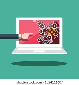 Cogs - Gears on Laptop Screen. Vector Flat Design Technology Concept with Human Hand. Application Technology and Development Concept.
