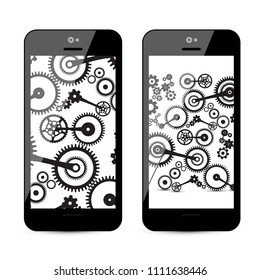 Cogs - Gears on Mobile Phone. Vector Cog, Gear Illustration on Smartphone.