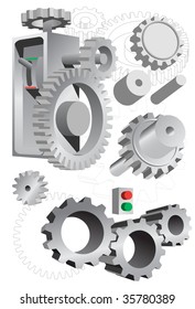 Cogs and gears of various sizes and shading in vector format.