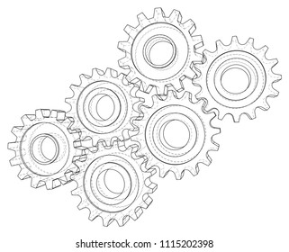 Cogs and Gears. Vector rendering of 3d. Wire-frame style.