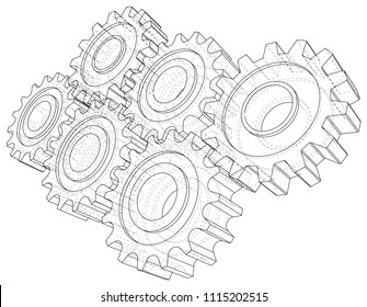 Cogs and Gears. Vector rendering of 3d. Wire-frame style.