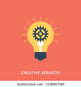 
Cogs inside light bulb, Creative services flat icon 
