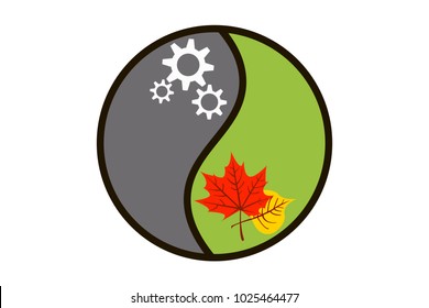 Cogs On Gray Background And Leaves On Green In Ying Yang Sign On White. Harmony Between Nature And Industry. Science Progress Or Work In Good Relationship With Nature Concept. Eps Vector Illustration