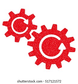 Cogs Rotation grainy textured icon for overlay watermark stamps. Flat symbol with scratched texture. Dotted vector red ink rubber seal stamp with grunge design on a white background.