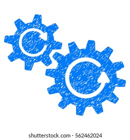 Cogs Rotation grainy textured icon for overlay watermark stamps. Flat symbol with scratched texture. Dotted vector blue ink rubber seal stamp with grunge design on a white background.