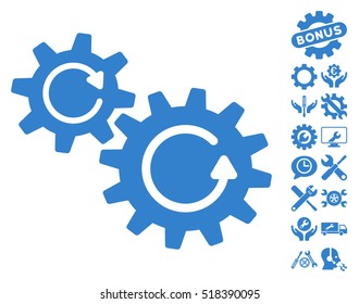 Cogs Rotation icon with bonus setup tools images. Vector illustration style is flat iconic cobalt symbols on white background.