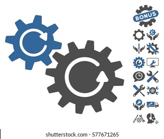 Cogs Rotation icon with bonus setup tools icon set. Vector illustration style is flat iconic cobalt and gray symbols on white background.