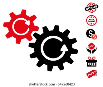 Cogs Rotation icon with free bonus icon set. Vector illustration style is flat iconic symbols, intensive red and black colors, white background.